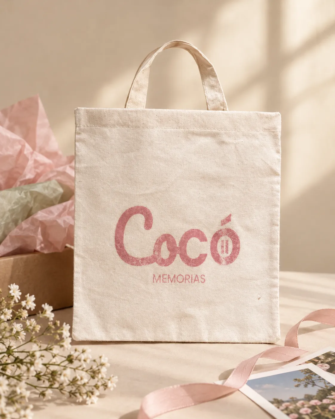Bolsa de tela de Cocó Memorias sobre papel de seda rosa y verde, con flores blancas, cintas y una foto impresa